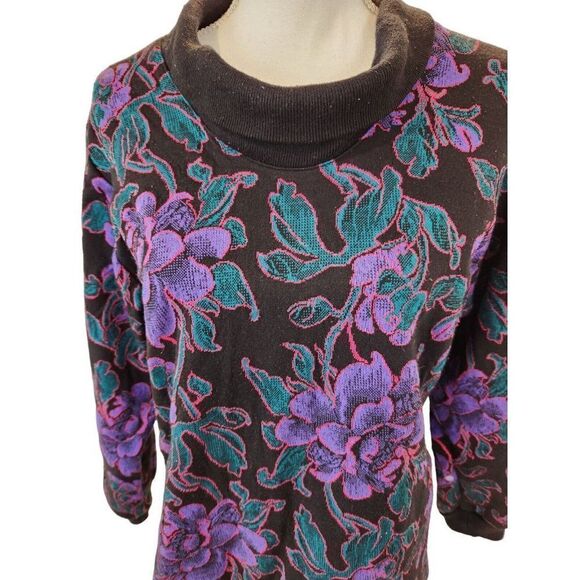 Vintage 80s Graff Purple Black Floral Long Sleeve M Lightweight Sweater Blouse - Picture 2 of 5